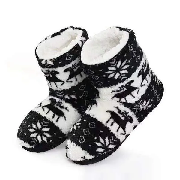 Coral Fleece Print Christmas Fawn Indoor Boots 20225311C