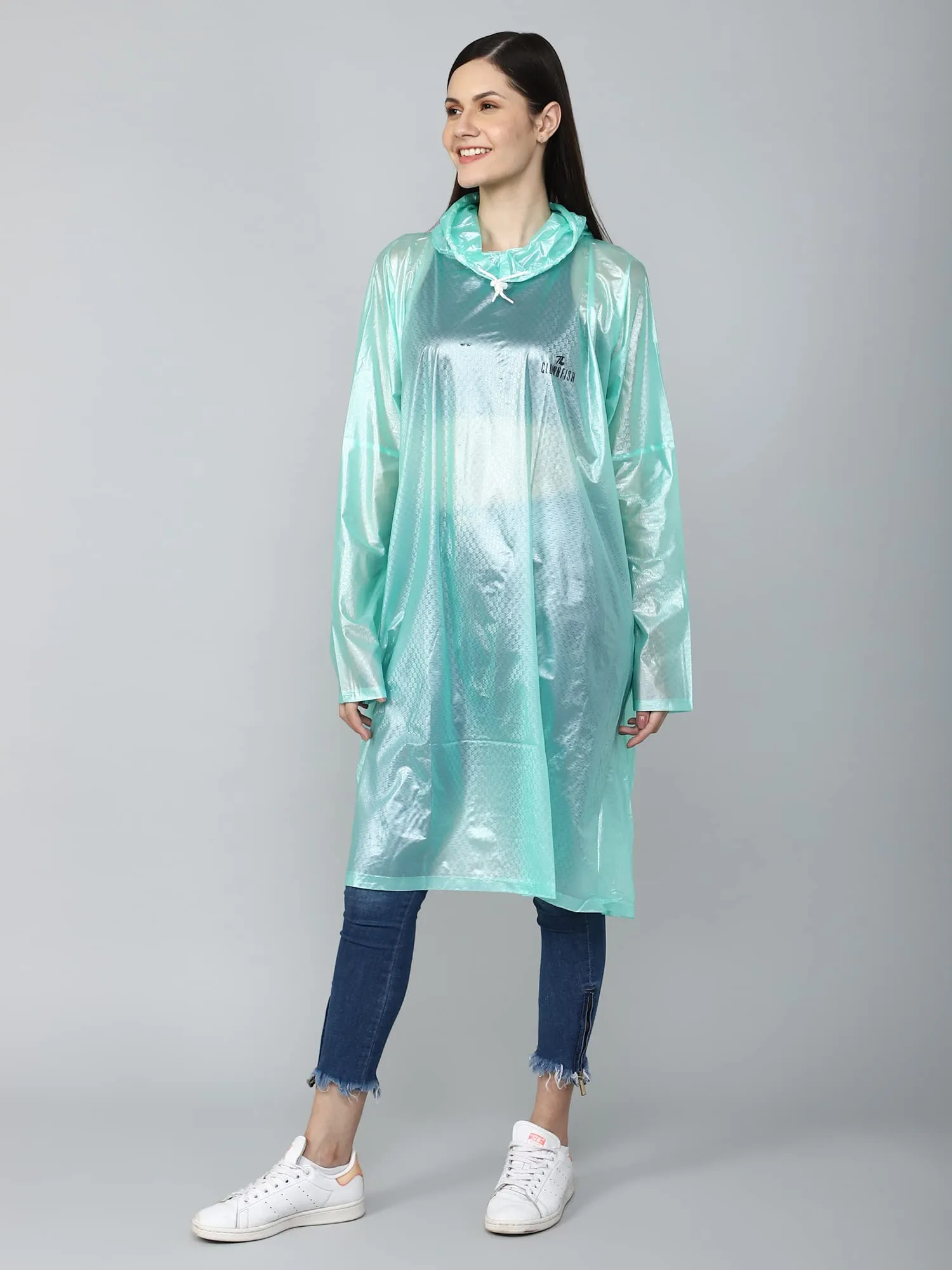 THE CLOWNFISH Avalon Series Womens Waterproof PVC Transparent Self Design Pullover Longcoat/Raincoat with Adjustable Hood (Green, XX-Large)